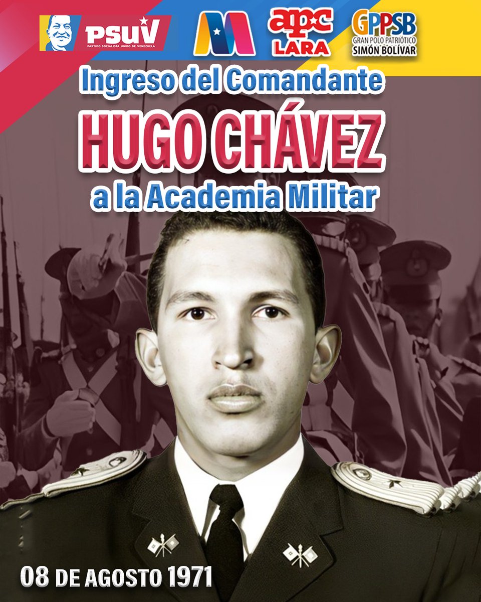 Tal día como hoy #8Ago, pero en el año 1971, nuestro eterno Comandante Hugo Chávez, ingresó a la Academia Militar 💪🏼

#amor #patriotismo #lealtad

<a href="/NicolasMaduro/">Nicolás Maduro</a>
<a href="/dcabellor/">Diosdado Cabello R</a> 
<a href="/jorgerpsuv/">Jorge Rodríguez</a>
<a href="/AdolfoP_Oficial/">Adolfo Pereira Gobernador</a>
<a href="/PartidoPSUV/">PSUV</a>