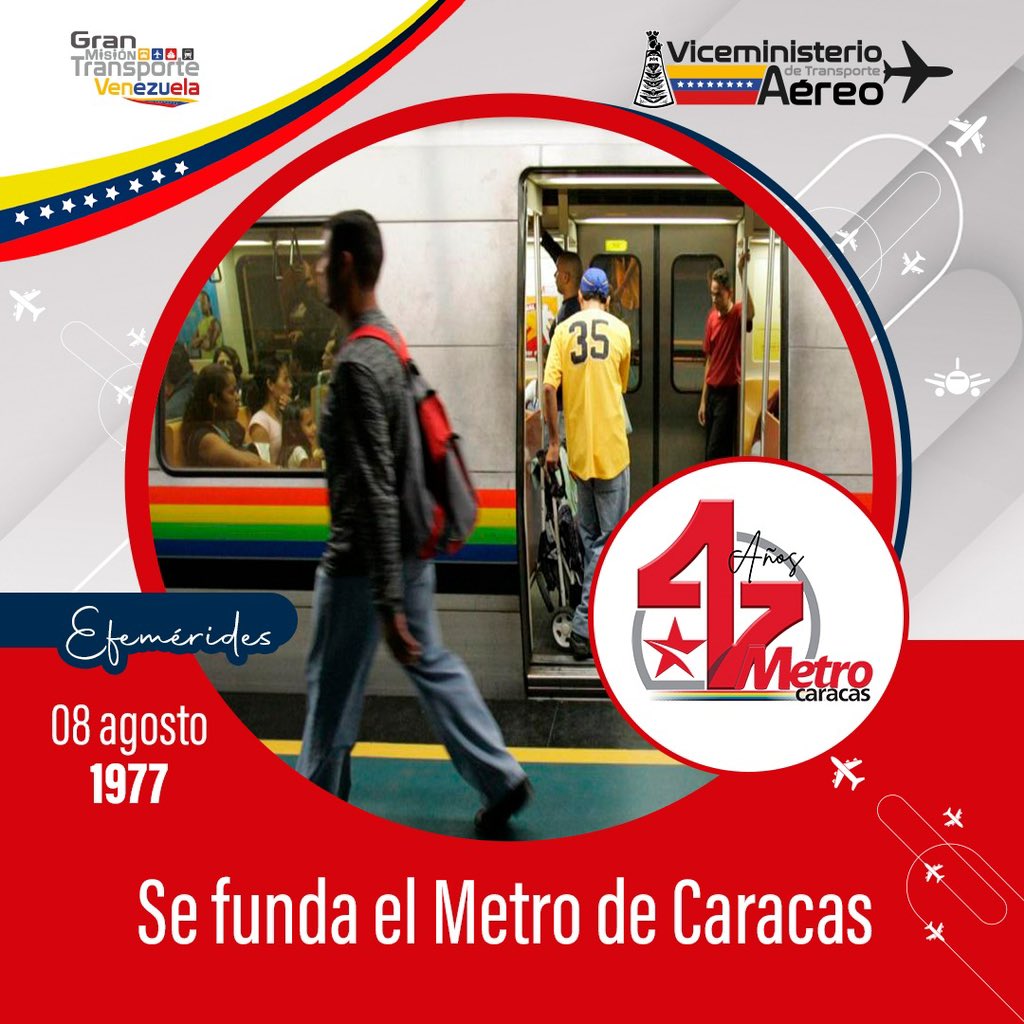 viceminaereo's tweet photo. #EfeméridesViceminAéreo || Hoy se celebra el aniversario de la fundación del Metro de Caracas, compañía anónima que fue fundada el 8 de agosto de 1971.
¡Extendemos nuestras felicitaciones a su fuerza laboral! https://t.co/Ko5q7XDzZR