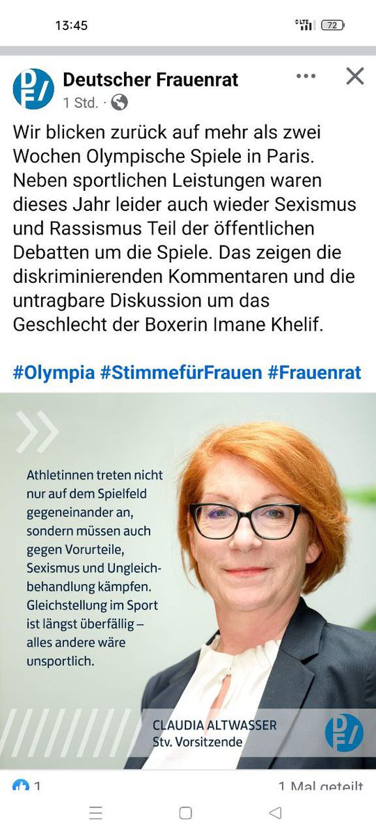 ronalyze's tweet photo. Der Deutsche Frauenrat nimmt den Boxer Iman Khelif gegen die Kritik von Feministinnen in Schutz und bezeichnet den Einsatz für den Erhalt des Frauensports als „untragbare Diskussion um das Geschlecht der Boxerin“. 

Der Frauenrat hatte Twitter verlassen, nachdem er hier zu viel Gegenwind von Feministinnen erhielt. Er postet nun auf weniger kritischen Plattformen.

Der Deutsche Frauenrat wird wesentlich vom @BMFSFJ finanziert und fällt regelmäßig damit auf, deren Genderidentitäts- und Prostitutionspolitik zu bestärken. Daher bezeichnen ihn Feministinnen auch als #Frauenverrat. 

Frauensport ist durch UN-Frauenrechtskonvention CEDAW in Artikel 10 völkerrechtlich bindend garantiert. Da jedoch die CEDAW Allianz, die vom Frauenrat getragen wird, bereits die Übersetzung der CEDAW zulasten von Frauen gefälscht hat (siehe: https://t.co/FSvuj3uO6K), ignoriert man das anscheinend.

#SaveWomensSports #XX

https://t.co/LCDDXKyTBz