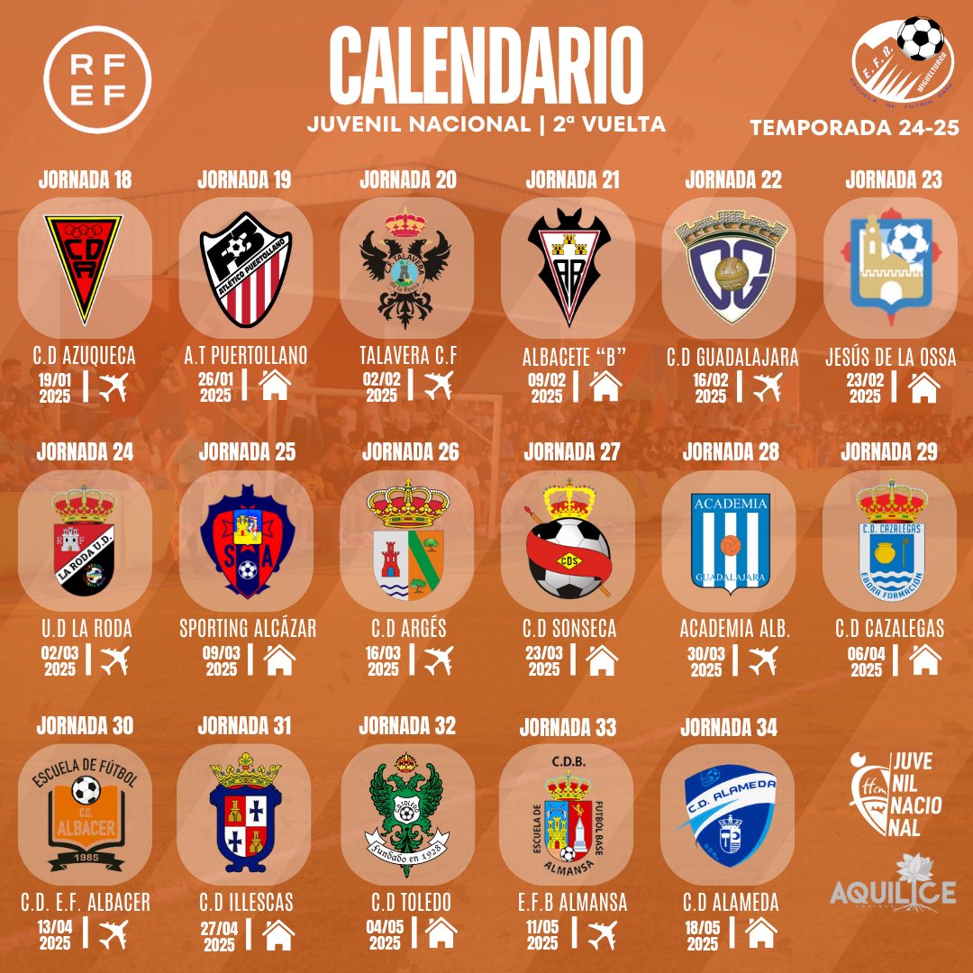 ¡Ya tenemos calendario de la Liga Nacional Juvenil!

📆📆📆📆📆

Abrimos la temporada recibiendo en casa al C.D Azuqueca ⚽️

Con muchas ganas de empezar 🚀🚀🚀

¡Vamos Naranjas!🧡🧡🧡🧡