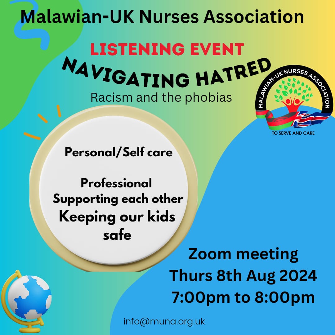Malawian UK Nurses Association (@malawianuknurse) on Twitter photo In the face of rising hatred/intolerance, coming together to explore solutions for staying safe. Join us at our upcoming meeting. We'll brainstorm ideas, share concerns and self-care strategies.<a href="/AZNUK1/">AZNUK</a> <a href="/chargladstone/">Charity Gladstone RN MBE. Matron Cardiac/Respirato</a> <a href="/CNOBME_SAG/">CNO CMidO_StrategyGrp</a> @S_Amani <a href="/joan_myers/">Dr Joan Myers OBE, QN, FQNI</a> <a href="/felicia_kwaku/">Dr Felicia Kwaku, OBE, RGN</a> <a href="/Duncan_CNO/">Duncan Burton</a> In the face of rising hatred/intolerance, coming together to explore solutions for staying safe. Join us at our upcoming meeting. We'll brainstorm ideas, share concerns and self-care strategies.<a href="/AZNUK1/">AZNUK</a> <a href="/chargladstone/">Charity Gladstone RN MBE. Matron Cardiac/Respirato</a> <a href="/CNOBME_SAG/">CNO CMidO_StrategyGrp</a> @S_Amani <a href="/joan_myers/">Dr Joan Myers OBE, QN, FQNI</a> <a href="/felicia_kwaku/">Dr Felicia Kwaku, OBE, RGN</a> <a href="/Duncan_CNO/">Duncan Burton</a>