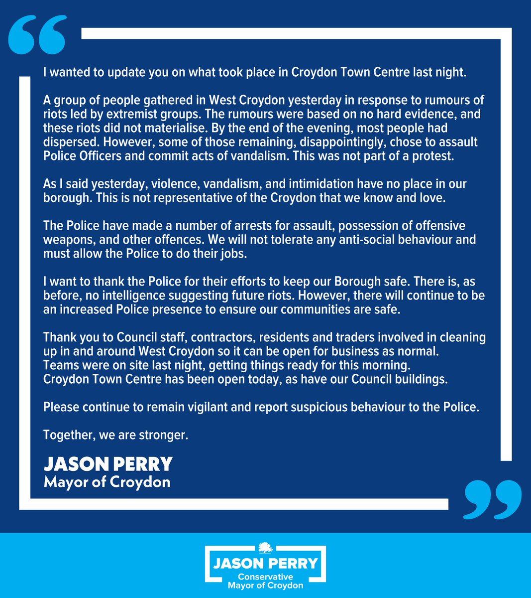 My update on events in West Croydon last night.

I want to thank the police for their effort to keep our Borough safe, as well as Council staff, contractors, residents &amp; traders involved in cleaning up the area.

Please share this👇