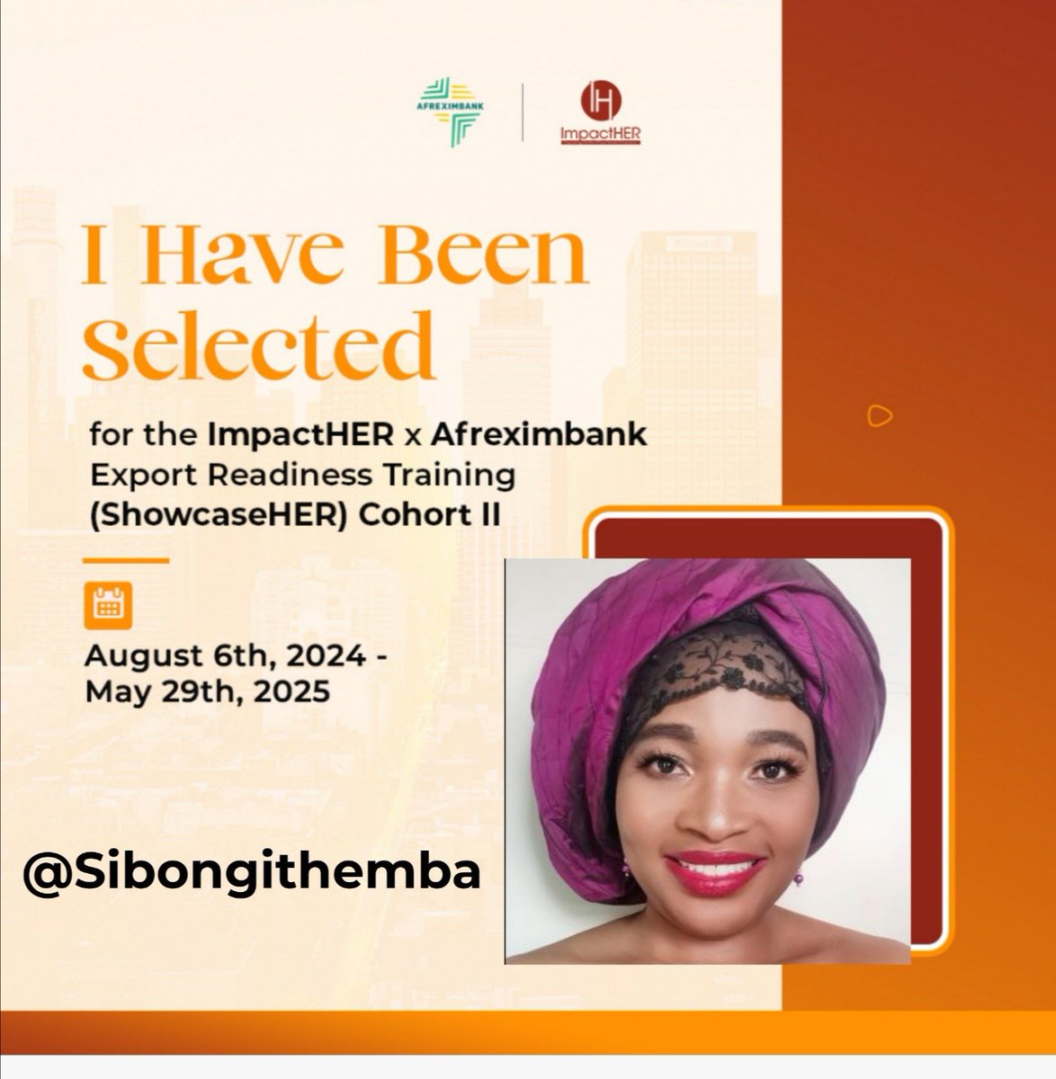 sibongile_engel's tweet image. I'm pleased to announce that I've been selected for the 6-month Export Readiness Training Program, ShowcaseHER (Cohort 2), by @ImpactHERAfrica and @Afreximbank! This program will empower my Business. #WomenInBusiness #ExportReady #ImpactHER #Afreximbank