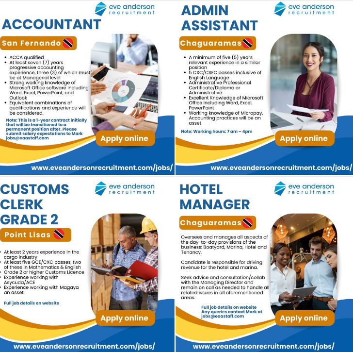 EveAndersonRecr's tweet photo. Back in Trinidad, here are the latest jobs that came in yesterday! https://t.co/o4gbuD42Ux
If the salary is not listed on the jobs board, we recommend you email us at jobs@eaastaff.com
#ACCAjobs #accountingjobs #shipping #hotelmanagerjobs #adminjobs #eveandersonrecruitment https://t.co/RkntuETcLd