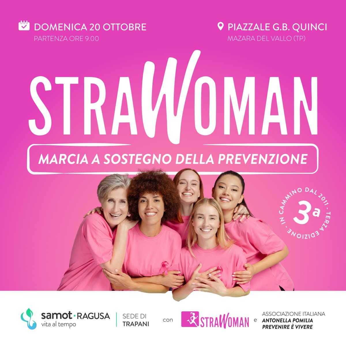 SamotRagusa's tweet photo. StraWoman: la corsa-camminata per le donne torna a Mazara del Vallo! Dal 2011, il più grande raduno femminile d'Italia: sport, musica e divertimento!

Sosteniamo l'Associazione Italiana Antonella Pomilia per la prevenzione oncologica.

📅 20 Ottobre, ore 9, Piazzale G.B. Quinci. https://t.co/78pOAXh1gB