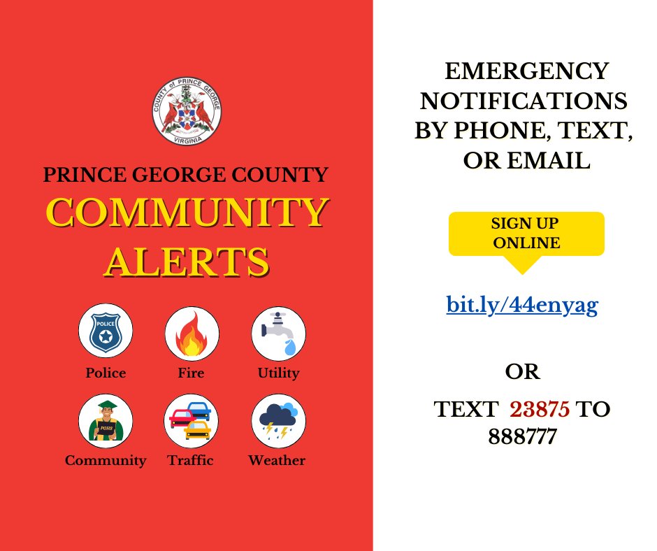 PrinceGeorgeVa's tweet image. Sign up for Prince George County Community Alerts🚨 

Online: bit.ly/44enyag

Text: 23875 to 888777

#EmergencyNotifications #BePrepared