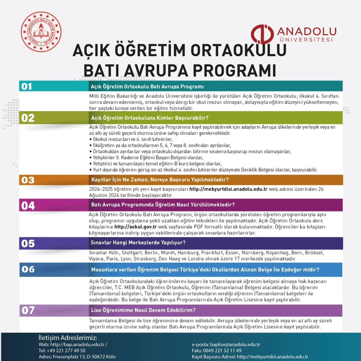 Berlin Eğitim Müşavirliği (@mebberlinem) on Twitter photo 📢 Açık Öğretim Ortaokulu ve Açık Öğretim Lisesi Batı Avrupa Programlarının 2024-2025 öğretim yılı için ilk defa kayıt olacakların başvuruları 26 Ağustos 2024 tarihinden itibaren alınmaya başlanacaktır.
<a href="/tcmeb/">Millî Eğitim Bakanlığı</a>
<a href="/mebyyegm/">Yükseköğretim ve Yurt Dışı Eğitim Genel Müdürlüğü</a>
<a href="/mebabdigm/">T.C. MEB AB ve Dış İlişkiler Genel Müdürlüğü</a> 📢 Açık Öğretim Ortaokulu ve Açık Öğretim Lisesi Batı Avrupa Programlarının 2024-2025 öğretim yılı için ilk defa kayıt olacakların başvuruları 26 Ağustos 2024 tarihinden itibaren alınmaya başlanacaktır.
<a href="/tcmeb/">Millî Eğitim Bakanlığı</a>
<a href="/mebyyegm/">Yükseköğretim ve Yurt Dışı Eğitim Genel Müdürlüğü</a>
<a href="/mebabdigm/">T.C. MEB AB ve Dış İlişkiler Genel Müdürlüğü</a>