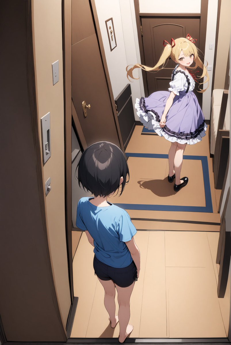 1コマ目の光源のおかしさがどうしても気になったので作り直した。
①作り直したVer.
②最初に作ったキャラと背景の組み合わせを切り出したもの。これを下絵にする。
③上記の②をAnyTestで塗り直したもの。光源の位置は改善している。一方、線画忠実度はやや下がった。また、ガチャも10回以上回した。