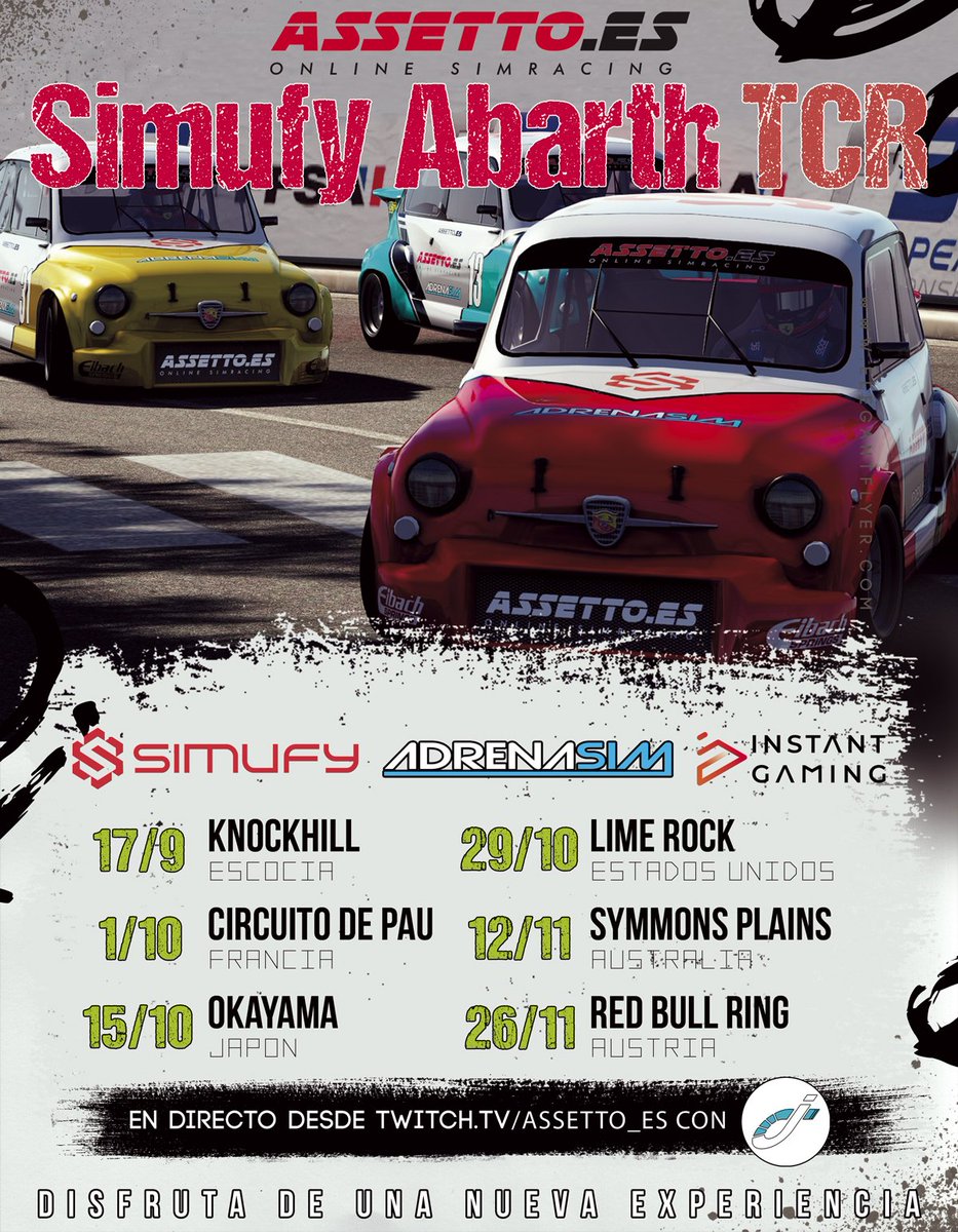 Assetto_es's tweet photo. 🚨 Quedan pocas plazas para llenar la parrilla 

🗓️Martes alternos 

🏁6 circuitos 

🟢El @abarth es un cochecito muy divertido de llevar

🎤 @joloco97 en cabina 

👉🏼No esperes más y apúntate en https://t.co/uM5200HGj7 

📺Patrocinan @simufy @AdrenaSim @InstantGamingES https://t.co/vqisXNyhCt