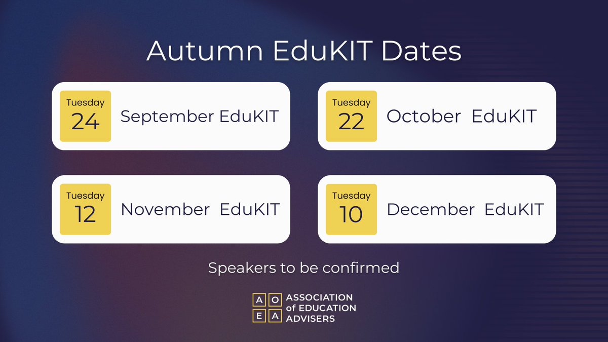 EducateAdvise's tweet photo. Thank you to everyone who provided feedback on our #EduKIT programme. We’re thrilled to hear that you valued the range of topics and the quality of our speakers. Per your suggestions about timing, we will trial Tuesdays at 4pm.
Speakers to be confirmed – https://t.co/e4BW1YyfNO https://t.co/tJUnl9LAYT
