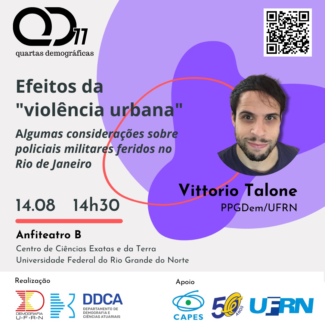 Semana que vem (14.08, às 14h30) teremos a QD77, com Vittorio Talone, pós-doutorando junto ao <a href="/ppgdem/">Demografia UFRN</a>. Ele vai apresentar os resultados da sua pesquisa de doutorado e que foi publicada no livro "A força da memória: lembranças de situações de ferimento, tensão e morte".