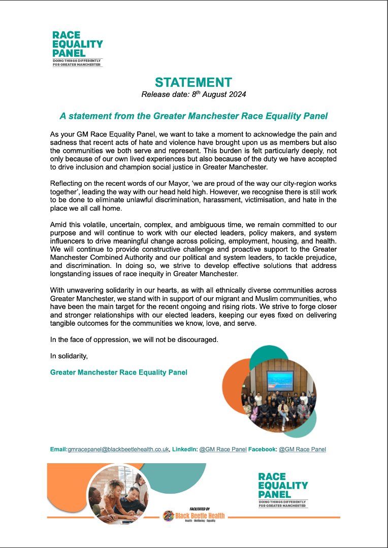 **STATEMENT**

Release date: 8th August 2024

A statement from the 

**Greater Manchester Race Equality Panel**