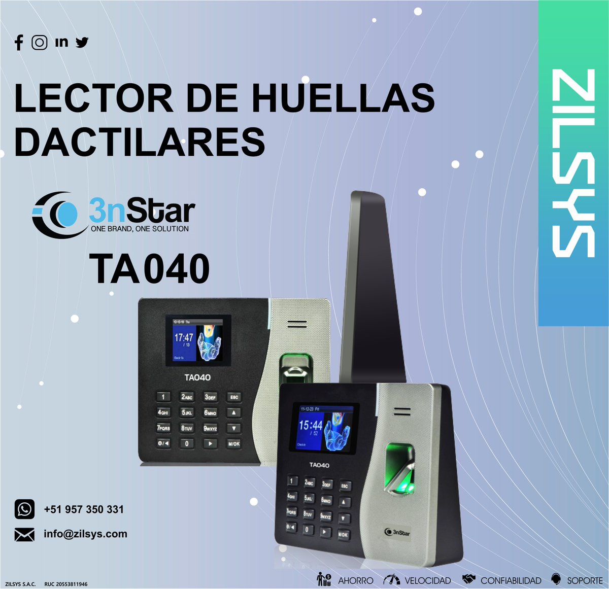 Lector biométrico de capta huellas #3nStar (#TA040) incorpora el más rápido y preciso algoritmo de identificación de huellas digitales de 3n Star.

📨info@zilsys.com
📱 957 350 331
🌐zilsys.com

#3nstar #TA040 #3nstarta040 #lectordehuellas #controldeasistencia
