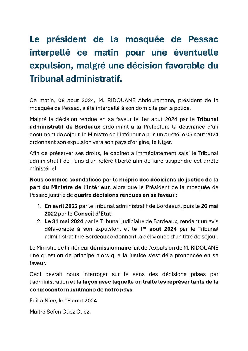 Me_GuezGuez's tweet photo. Le président de la mosquée de Pessac interpellé ce matin pour une éventuelle expulsion, malgré une décision favorable du Tribunal administratif : https://t.co/b9eI1U5vEM