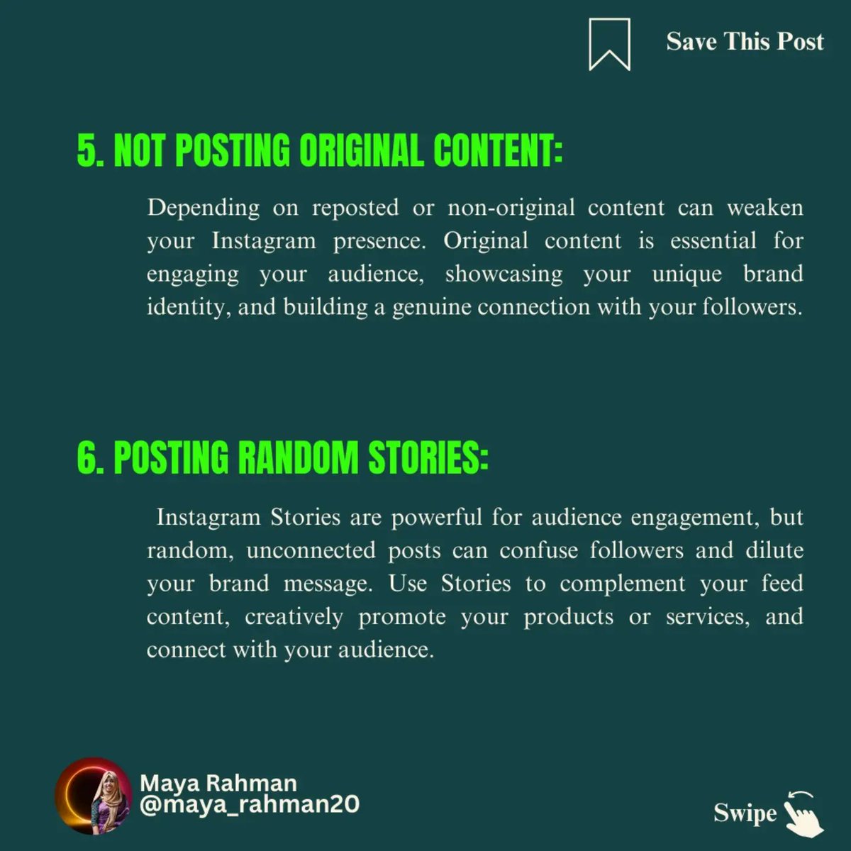 mayarahman30's tweet photo. Part-01
�� 7 Outdated Instagram Tips to Avoid! 🚫

⿡👉 Posting daily 📅
⿢👉 Overusing hashtags 📛
⿣👉 Only posting Reels 🎥
⿤👉 Ignoring the algorithm 📈
⿥👉 Not creating original content ✨
⿦👉 Random Stories 🌀
⿧👉 Following every Reel trend 📉 https://t.co/KoIUfPXFfL
