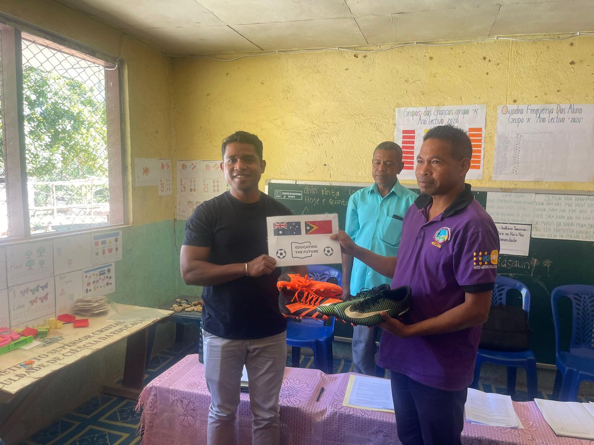 AusAmbDili's tweet photo. An update today from #EducatingTheFuture on the wonderful @IndustryGovAu partnership. Happy to receive the report that the football boots have been distributed to communities including a girls’ soccer team! Well done Milo! https://t.co/DzkPJ2okZt