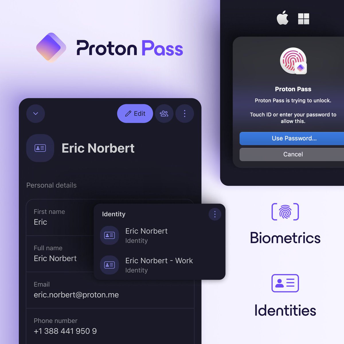 Proton_Pass's tweet image. Starting today, two top-voted community-requests are gradually rolling out in @Proton_Pass:

🪪 Safely store identities in #ProtonPass and save time by auto-filling forms

🧬 Quickly unlock #Windows and #macOS apps with fingerprint or facial recognition

proton.me/blog/proton-pa…