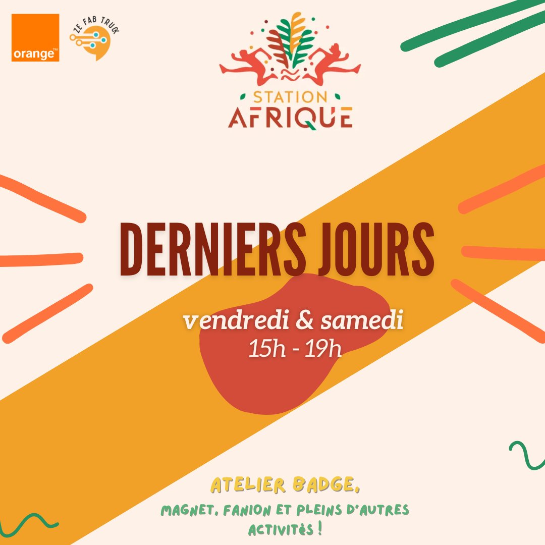 zefabtruck's tweet photo. đąIl ne reste plus que quelques jours pour profiter de Station Afrique ! Venez participer Ă nos ateliers badges, fanions et bien plus.
Rendez-vous vendredi ,samedi et dimanche pour lâatelier organisĂ© par Orange. đ
En collaboration avec Orange.
#orangeidf #JOParis2024 https://t.co/QubzkbzR67