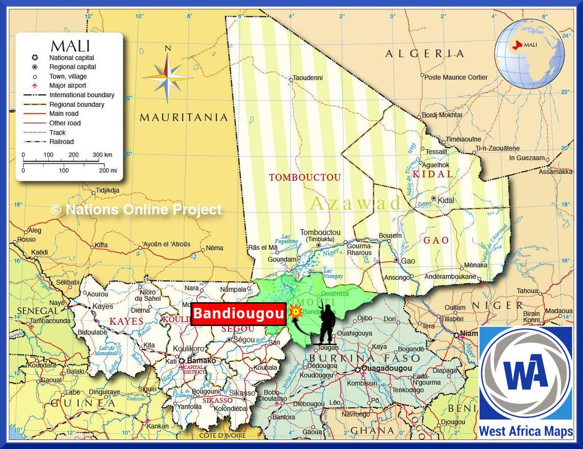 Wamaps_news's tweet photo. #Mali 🇲🇱 | Le 06/08, des terroristes de la Katiba Macina (#JNIM) ont attaqué la localité de #Bandiougou (#Bandjougou, #Pignari_Bana, #Mopti).
🔹 Les terroristes sont arrivés à bord d'une dizaine de motos aux environs de 16h. Un groupe d'autodéfense composé de chasseurs dozos a alors entamé un affrontement avec les terroristes.
🔴 4 chasseurs dozos ont été tués.
⚠️ Depuis le début de l'été, une trentaine de chasseurs dozos ont perdu la vie lors d'affrontements avec des terroristes comme lors des attaques de #Djiguibombo (01/07) et d'#Endekanda (23/06).
🔹 Le 07/08, la nomination du nouveau Gouverneur de Bandiagara, le Colonel-Major Olivier Diassana, remplaçant M. Sidi Mohamed Elbechir, apportera-t-elle un changement dans la politique sécuritaire du Pays Dogon afin d'enrayer les attaques terroristes?