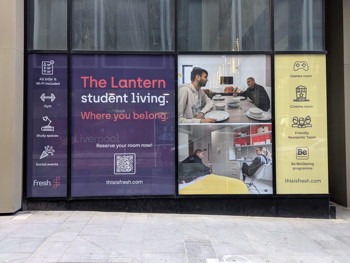 Excited to share the transformation at The Lantern student accommodation in Liverpool! 🌟 Our new window graphics refreshed the space. #HarrisonsSigns #TheLantern #StudentAccommodation #WindowGraphics