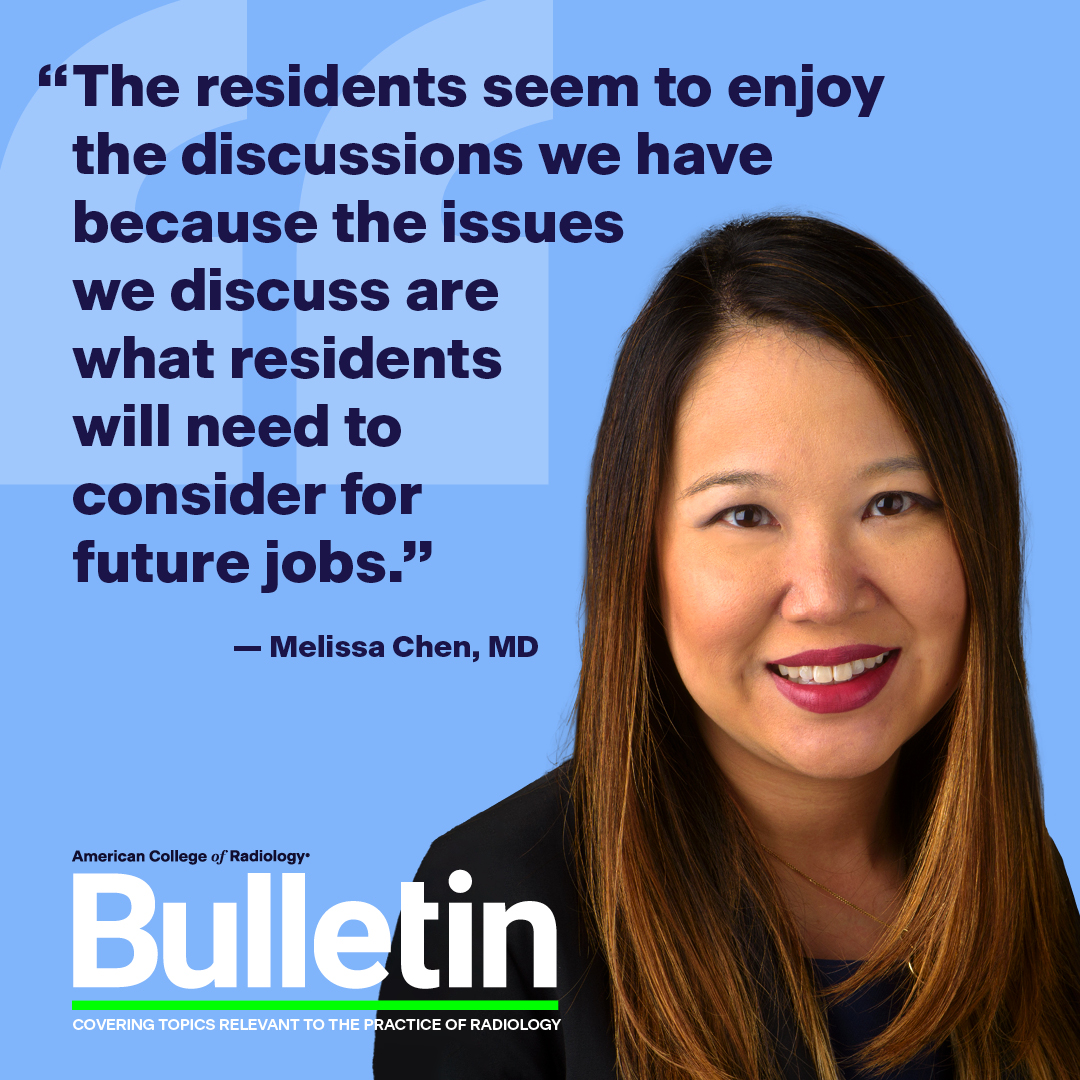 ACRBulletin's tweet photo. Training in other radiology skillsets may greatly benefit a radiologist's career, and the Radiology Leadership Institute's Resident Milestone Program "Economics and the Physician Role in Health Care Systems" is the right place to start. The #ACRBulletin sat down with @MelissaChenMD to discuss the program. https://t.co/QF66hqFvAA @ChudnallACR @RadiologyACR