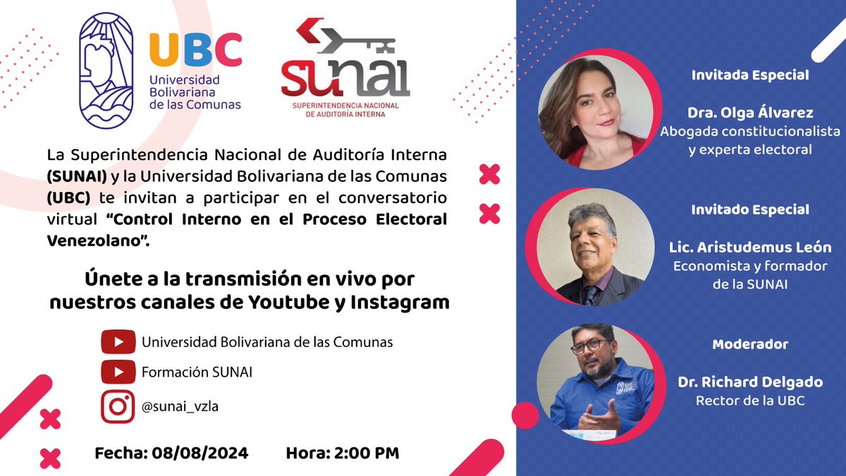 #Hoy La UBC y <a href="/SUNAI_VZLA/">SUNAI</a> te invitan al foro "Control Interno en el proceso Electoral Venezolano"
Mañana #8Ago 02:00 p.m
Ingresa por los canales de YouTube: Universidad Bolivariana de las Comunas y Formación SUNAI, También por IG a través de @sunai_vzla 
#participa
<a href="/NicolasMaduro/">Nicolás Maduro</a>