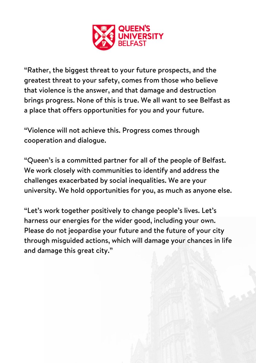 Queen's University Belfast 🎓 (@qubelfast) on Twitter photo At Queen's, we abhor violence and condemn without reservation #Islamophobia, #Racism and #Xenophobia in all forms and the recent violence that has taken place in #Belfast.
Our President and <a href="/QUBVChancellor/">Professor Sir Ian Greer</a>, Professor Sir Ian Greer, issued this statement today urging young people At Queen's, we abhor violence and condemn without reservation #Islamophobia, #Racism and #Xenophobia in all forms and the recent violence that has taken place in #Belfast.
Our President and <a href="/QUBVChancellor/">Professor Sir Ian Greer</a>, Professor Sir Ian Greer, issued this statement today urging young people