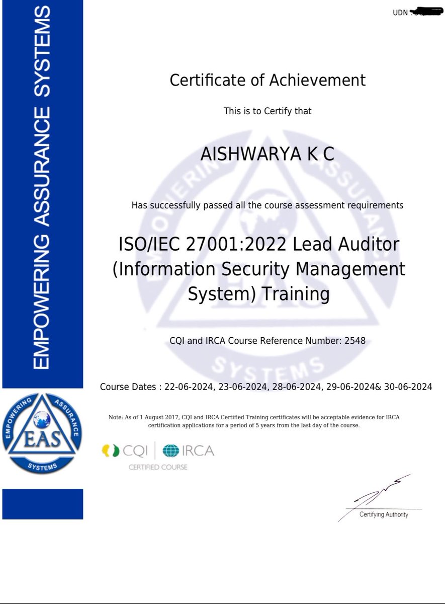 aiswar_ya's tweet photo. Finally!!!! CQI and IRCA Certified ISO/IEC 27001:2022 Information Security Management System (ISMS) Lead Auditor 😊.

#ISO27001 #LeadAuditor #InformationSecurity #DataProtection #ProfessionalGrowth https://t.co/kx7Y2g9ydJ