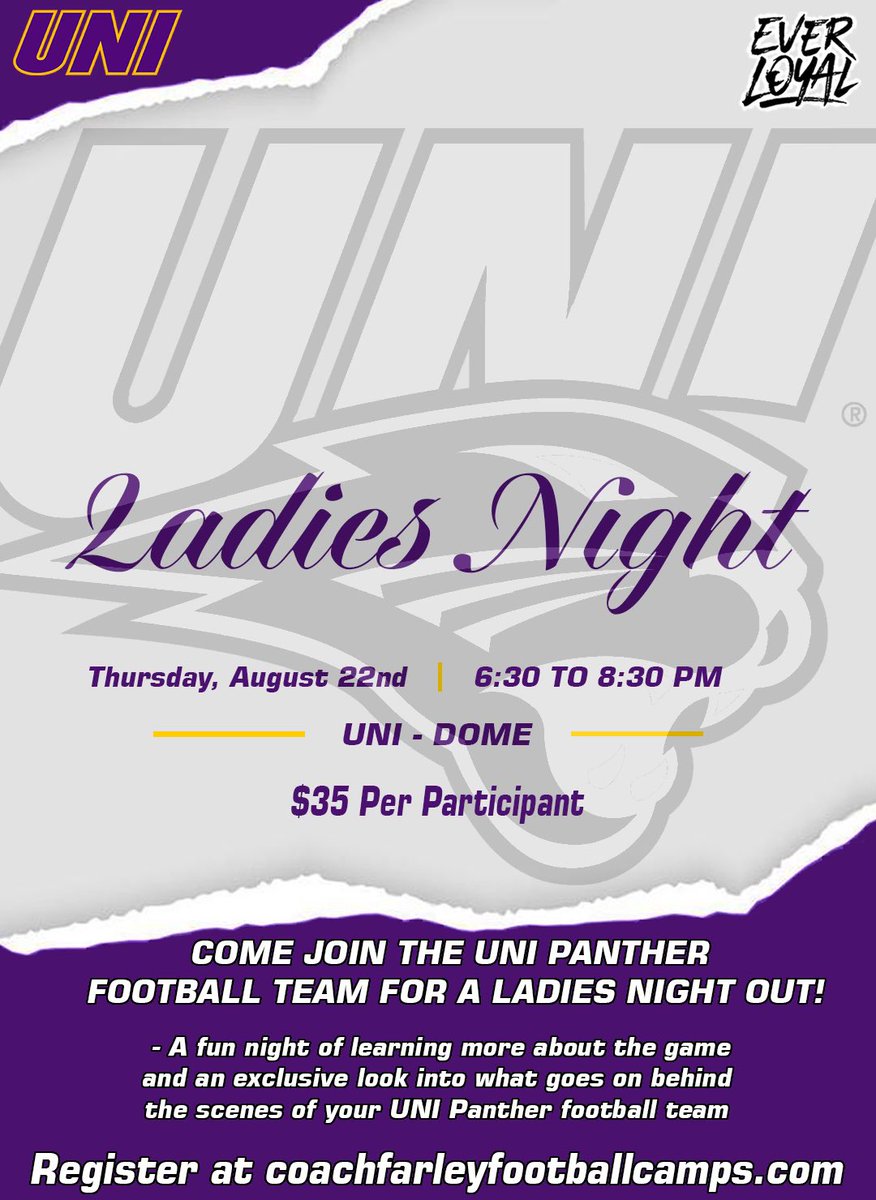 I’m excited to say on Thursday August 22nd we bring Ladies Night Out back to the UNI-Dome❕Come out and get a behind the scenes look at what it means to be a UNI Panther❕

🔗 coachfarleyfootballcamps.com (coachfarleyfootballcamps.com)

#EverLoyal 🟣⚪️🟡