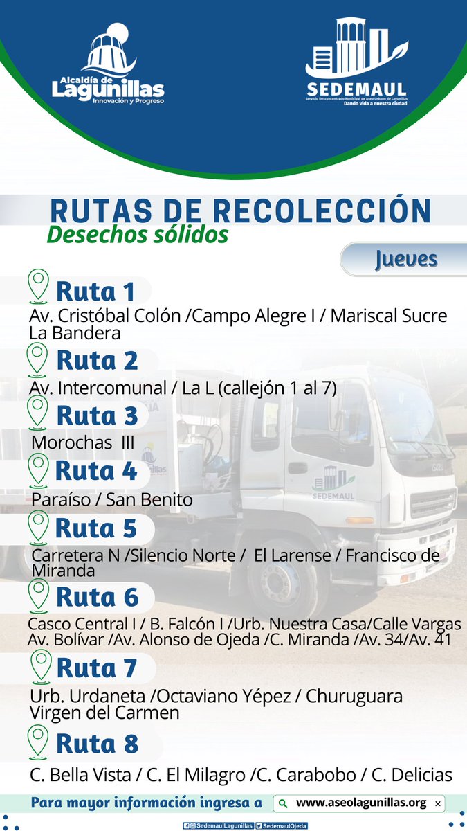 #Jueves 🔊 Rutas de recolección.
<a href="/cheolagunillas/">José Mosquera Adarme</a> <a href="/alclagunillas/">Alcaldía de Lagunillas</a>
📢 Atención sectores 👇🏻