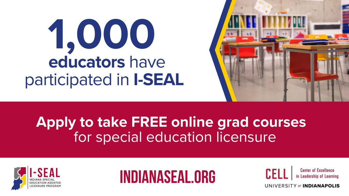 CELLuindy's tweet photo. More than 1,000 educators have participated in CELLβs I-SEAL initiative to take graduates courses for special education licensure - at no cost to them or their school. Learn more and apply today at https://t.co/fSxOv3RR2N
#IndianaSEAL #spedchat @EducateIN https://t.co/NEi8GWcuJT