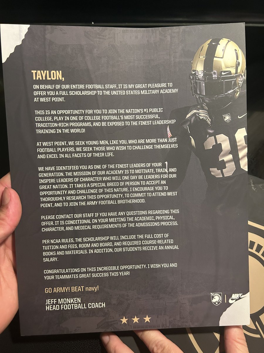 GTB_tay6's tweet photo. Blessed to receive a FULL ride to @ArmyWP_Football thank you @CoachJeffMonken @Coach_romero18 @CoachSetler @CSmithScout https://t.co/1FoS6xZ1X2
