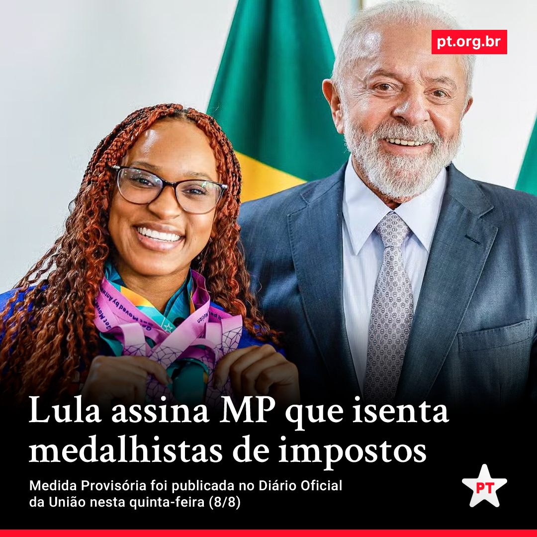 Medalha de ouro para o presidente <a href="/LulaOficial/">Lula</a>! O incentivo ao esporte sempre foi prioridade nos governos do <a href="/ptbrasil/">PT Brasil</a>. Essa MP que isenta medalhistas de impostos serve de incentivo a nossos atletas e derruba as narrativas que torcem contra nosso governo!