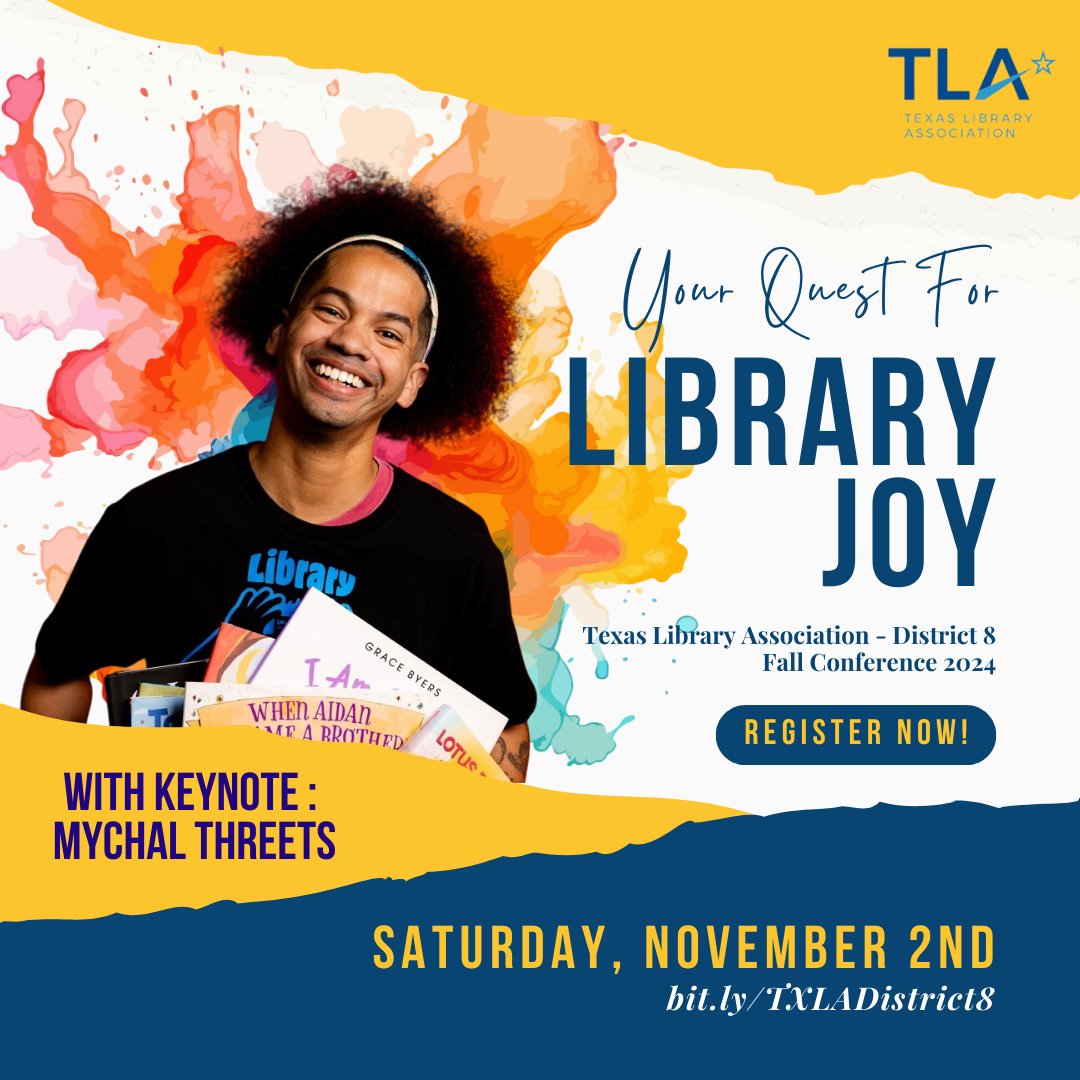 Good morning, District 8!

If you missed the announcement on TLA Engage yesterday, we are pleased to share that our Keynote at this year's fall conference is none other than Mychal Threets!
For more info, head to bit.ly/TXLADistrict8