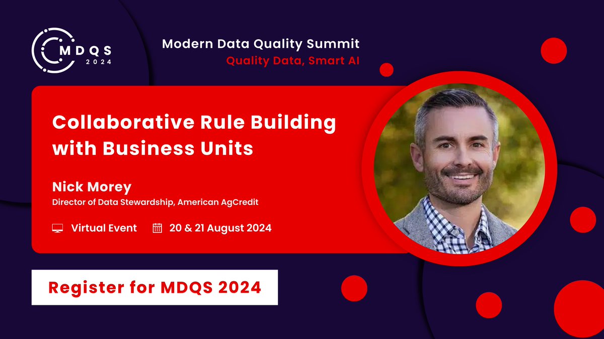 Struggling to get your business units to care about data quality? 🤔

Nick Morey, Director of Data Stewardship <a href="/AmericanAg/">American AgCredit</a>, is here to share his team's proven approach to building a data quality program that actually matters to the business.

👉 Join him: moderndataqualitysummit.com/register-now/