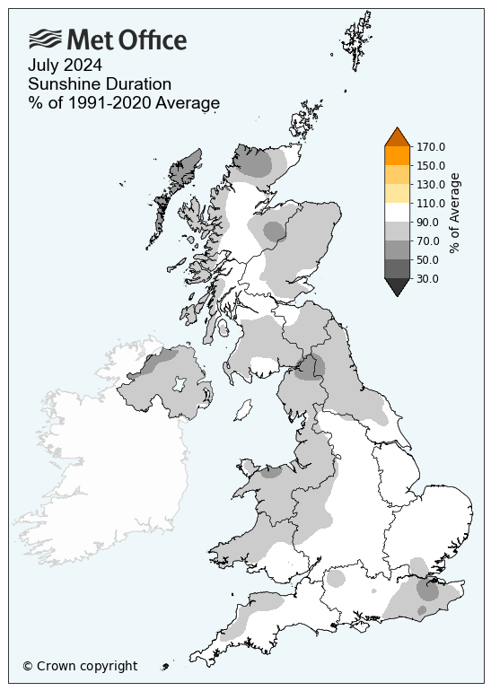 AgriAnalytics's tweet photo. According to UK’s #Met_Office, large #cereal producing areas saw average sunshine duration through July, mostly above average rainfall levels and average temperatures, relative to the average of 1991-2020 levels. https://t.co/DhMVQr4NvN