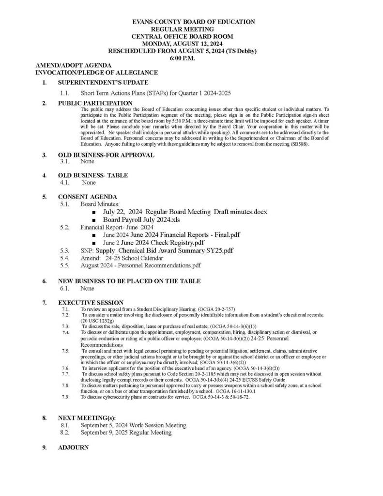 ECCSS Regular Board Meeting
Monday, August 12, 2024  6:00pm
District Office Board Room