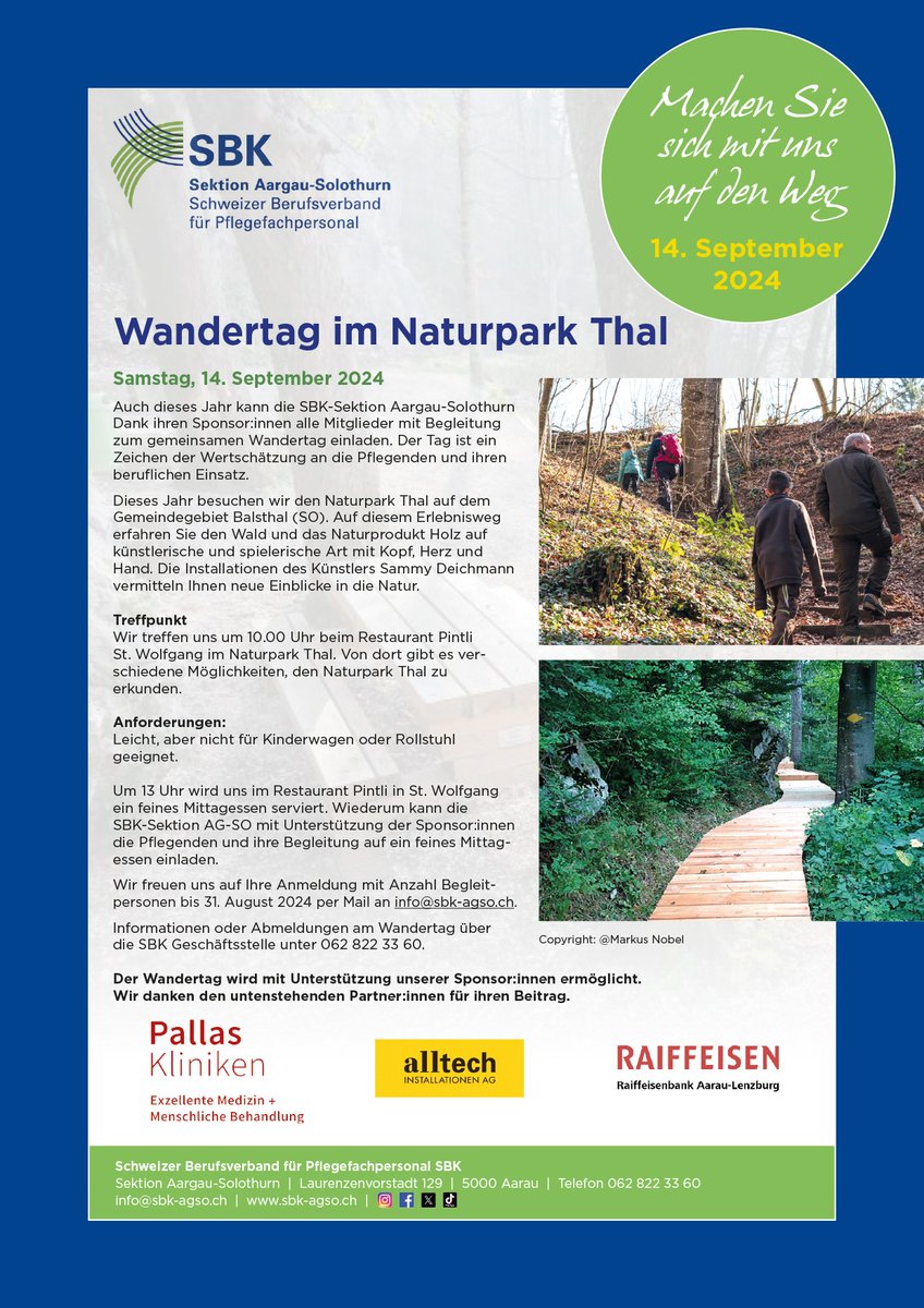 Am 14. September findet der Wandertag der SBK Sektion Aargau-Solothurn statt, wir freuen uns auf viele Anmeldungen! Infos und Anmeldung: sbk-agso.ch