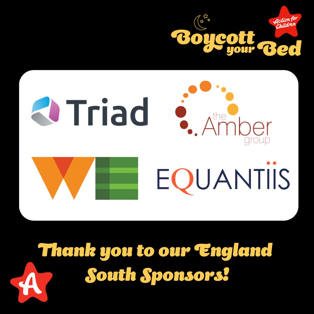A huge thank you to the four incredible sponsors supporting #BoycottyourBed London this year.

@WeCommunications, <a href="/TriadGroupPlc/">Triad Group Plc</a>, <a href="/Equantiis/">Equantiis</a>, <a href="/TheAmberGroup1/">TheAmberGroup</a>,  providing the best experience for our brave sleepers all night.

Sign up to #BoycottyourBed👉actionforchildren.uk/byb24📲