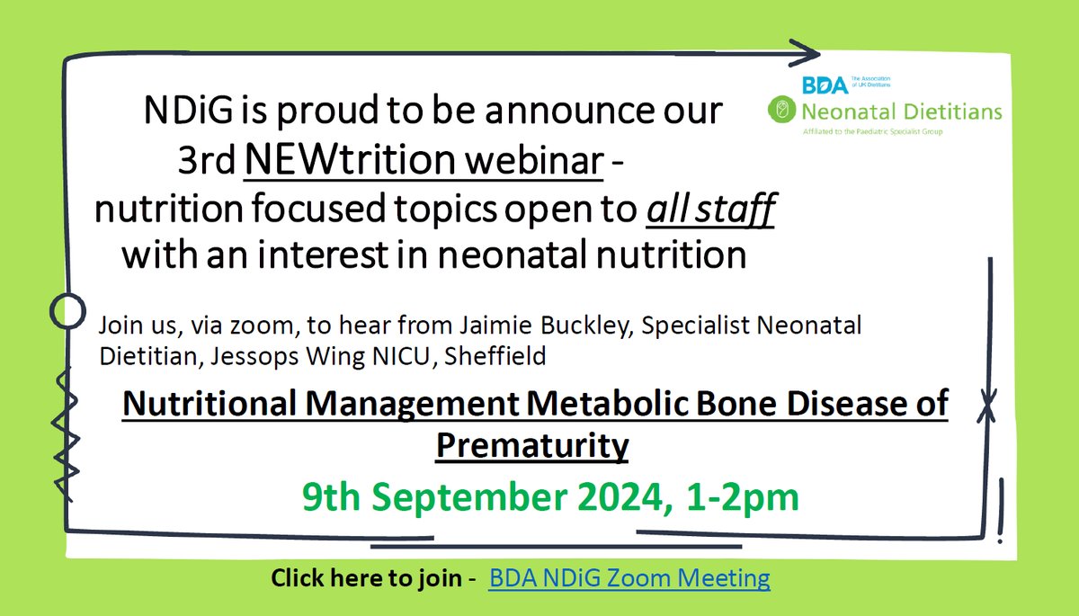 BDA_NDiG's tweet photo. We are TWO WEEKS away from our next #NEWtrition webinar. Jaimie Buckley RD @JaimieBuckley15 will be talking about the nutritional management of metabolic bone disease of prematurity 😃
Click here to join on the day: https://t.co/9yxeOPfRn2
#NeoTwitter #MBDP #CPD https://t.co/tAcrIi9XWo