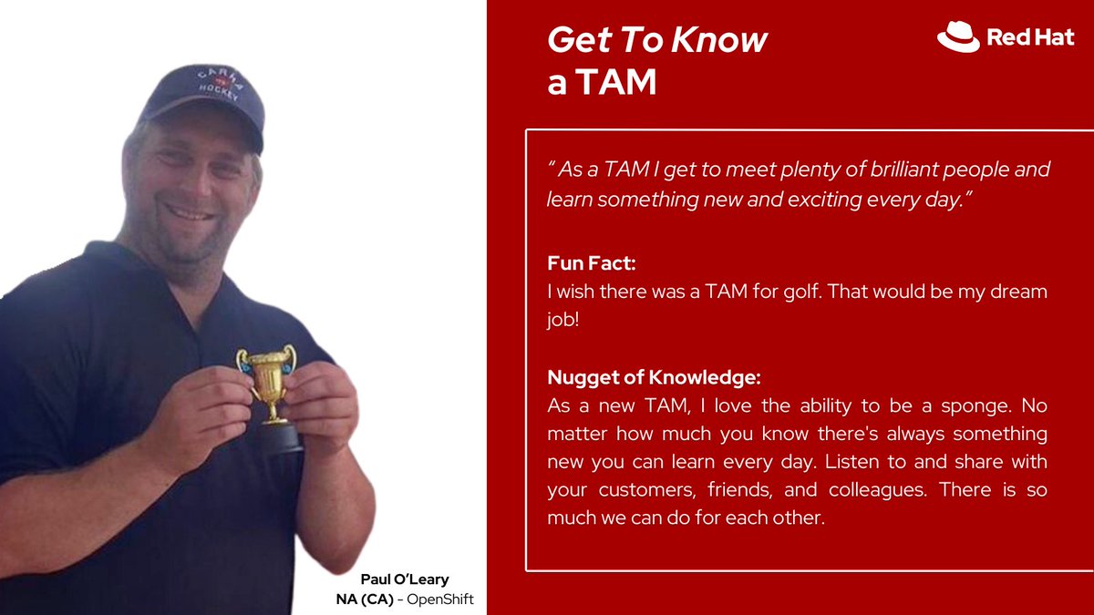 redhatservices's tweet photo. 🏌️ Tee off with Paul O’Leary, our Golf enthusiast Technical Account Manager! Curious about Paul's strategy off the green? Discover how he brings the same precision and expertise to navigate your technical challenges! ⛳ Swing by to learn more: https://t.co/vOg0DoRqtm #RedHatTAM https://t.co/0Kh6AwTKe6