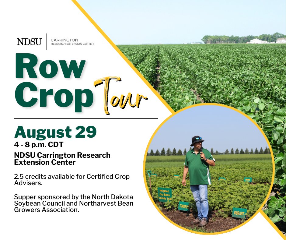 Farmers, crop advisers and agricultural industry representatives are invited to view field research trials and receive production recommendations on soybean and dry bean during the annual row crop field tour on Thursday, Aug. 29, at NDSU Carrington Research Extension Center.