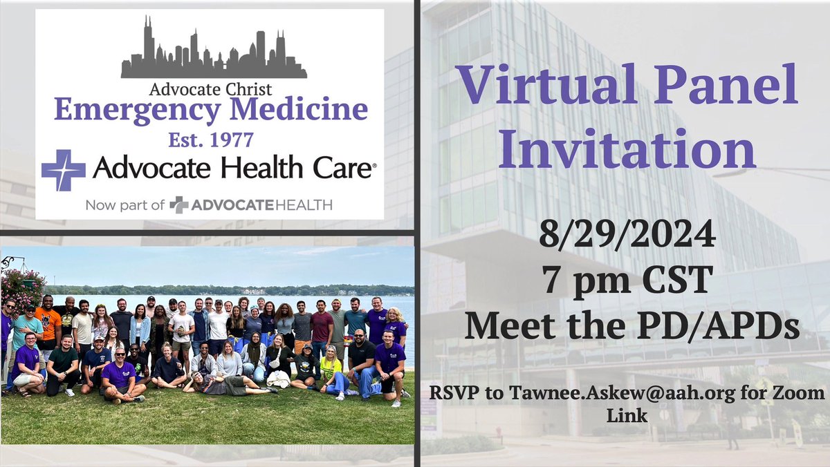 Advocate Christ EM Residency (@acmcem) on Twitter photo 🚨 Attention Applicants - First Virtual Panel of the year is 8/29. Don’t forget to RSVP!
<a href="/AndreaGCarlson/">Andrea Carlson</a> <a href="/mcironeMD/">Michael Cirone, MD 🩺😷</a> <a href="/travishase/">Travis Hase, MD</a> 🚨 Attention Applicants - First Virtual Panel of the year is 8/29. Don’t forget to RSVP!
<a href="/AndreaGCarlson/">Andrea Carlson</a> <a href="/mcironeMD/">Michael Cirone, MD 🩺😷</a> <a href="/travishase/">Travis Hase, MD</a>