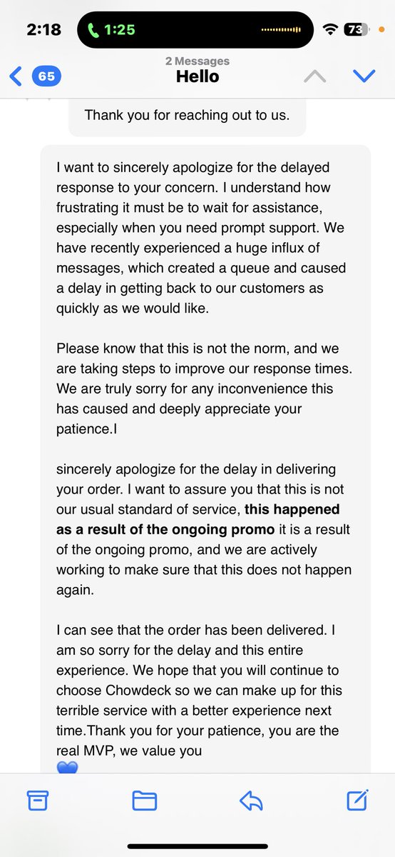 FeyComfort's tweet photo. Update @chowdeck 

3hrs later I got my order.

CS responds 3hrs after I got my order &amp; gave a long &amp; not well copied response.

Well, 2 days later a friend is experiencing this same issue.

The only difference is that the wait is over 4hrs &amp; counting with no response from CS https://t.co/RuWEmecxEA