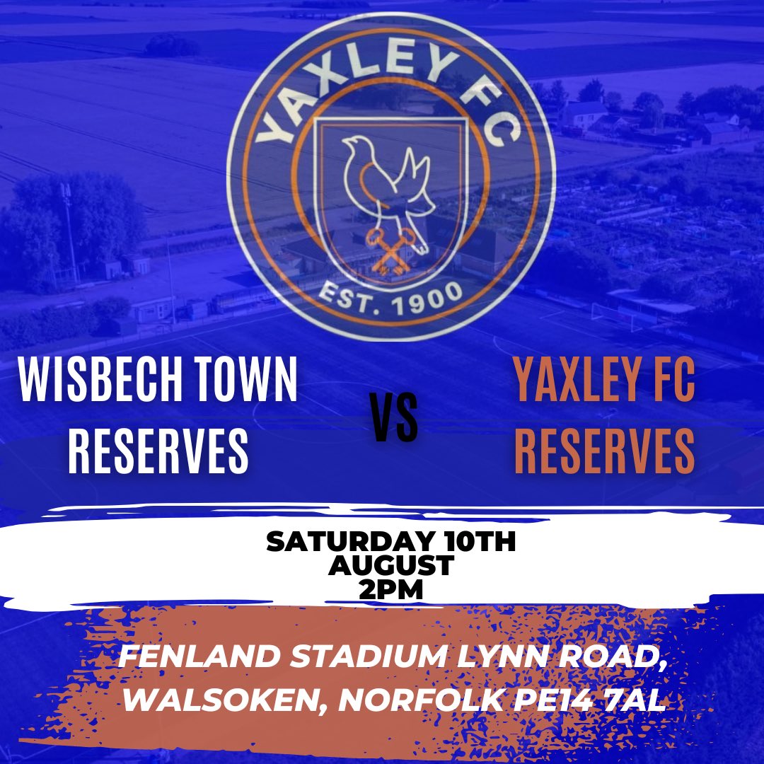 Our Reserve team are heading away this Saturday ⚽️

🆚 Wisbech Town Reserves 
🗓️ Saturday 10th August 
⏱️ 2PM 
📍 Fenland Stadium Lynn Road, Walsoken, Norfolk, PE14 7AL