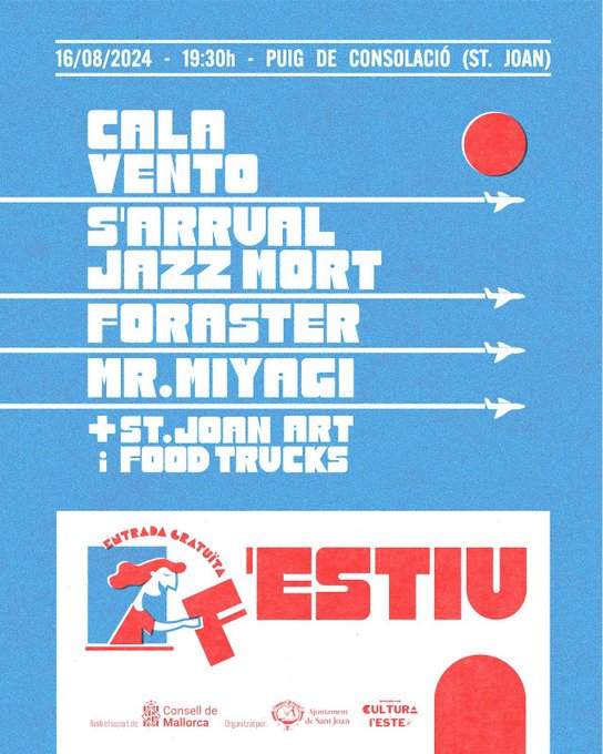 S’Altra Música (@musicaaltra) on Twitter photo S'Altra Música recomana... El F'Estiu! 🔴 Amb
<a href="/CalaVento/">Cala Vento</a>, S'Arrual Jazz Mort, Foraster i Mr. Miyagi
📆 16/08 a partir de les 19.30 h
🎫 Entrada lliure
📍 Puig de Consolació, Sant Joan S'Altra Música recomana... El F'Estiu! 🔴 Amb
<a href="/CalaVento/">Cala Vento</a>, S'Arrual Jazz Mort, Foraster i Mr. Miyagi
📆 16/08 a partir de les 19.30 h
🎫 Entrada lliure
📍 Puig de Consolació, Sant Joan