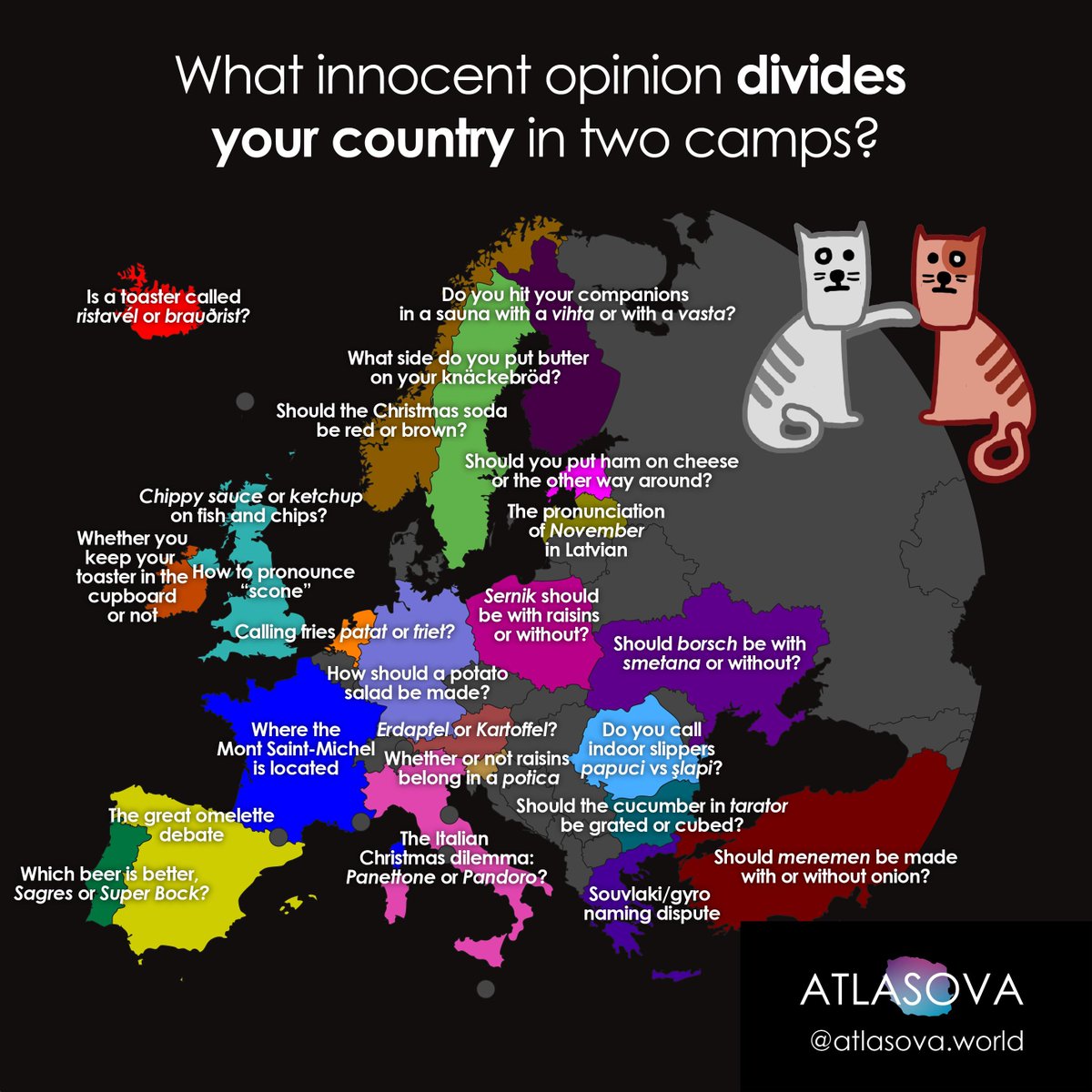 BrilliantMaps's tweet photo. Innocent Opinions That Divide European Nations. Which ones do you think are missing?

https://t.co/sOqkJstFve

(credit: @Atlasova_world) https://t.co/9YmI4VlKxo