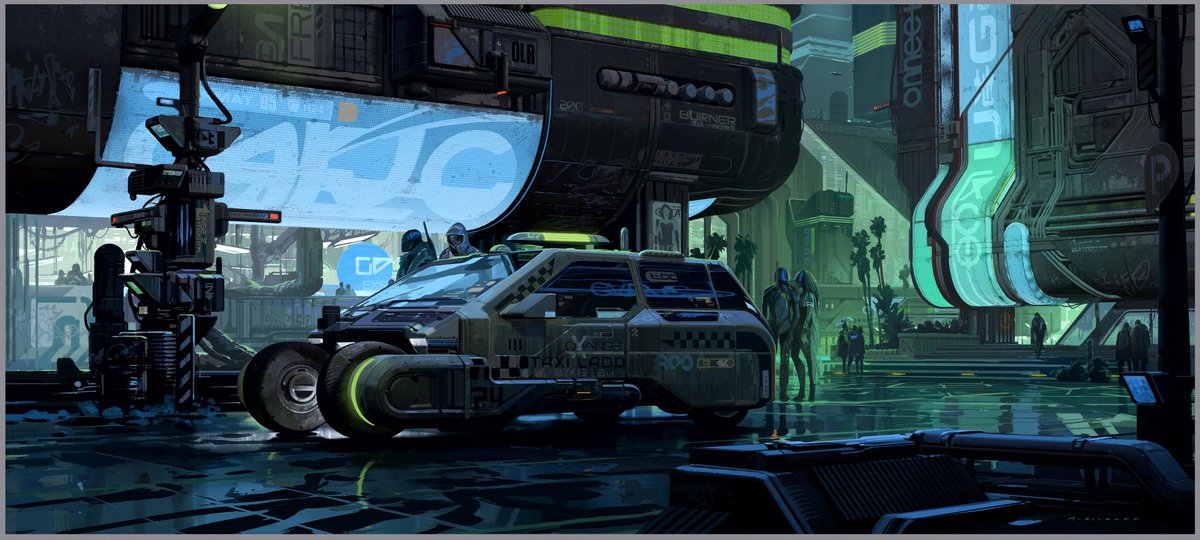 MattAllsopp1's tweet photo. Cyberpunk street scene @bigmediumsmall_ 
Plus some details. #cyberpunk #conceptart #painting https://t.co/uIKYDebuor