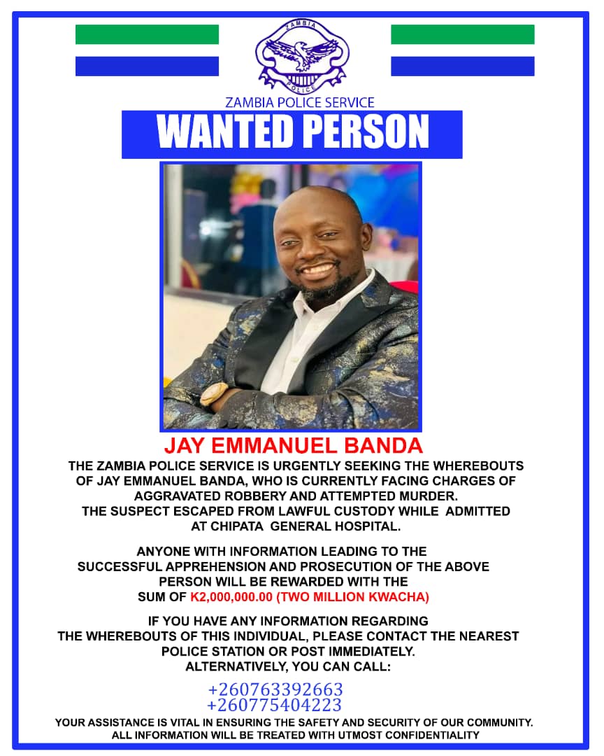 diamondtvzambia's tweet image. JUST IN:

K2 MILLION FOR WHOEVER LEADS TO THE APPREHENSION OF EMMANUEL JAY BANDA - ZP