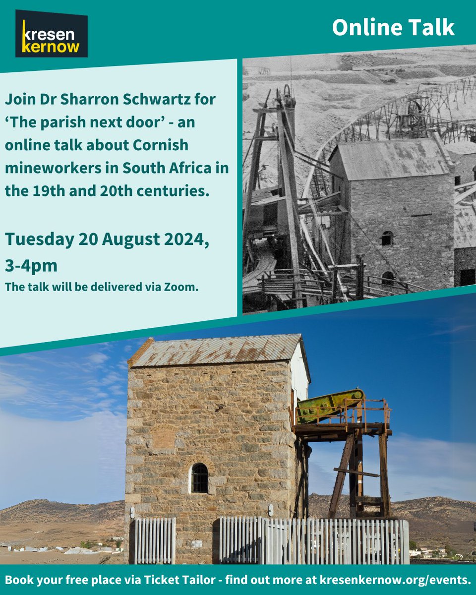 kresenkernow's tweet photo. Join Dr Sharron Schwartz for an online talk ‘The parish next door’, about Cornish mineworkers in South Africa.

This free online talk will take place TOMORROW (Tuesday 20 August) at 3pm on Zoom. Book here: https://t.co/1oT1tFcARE  OR click the link in our BIO👍🏼

#onlinetalk https://t.co/wISEx6oj5S